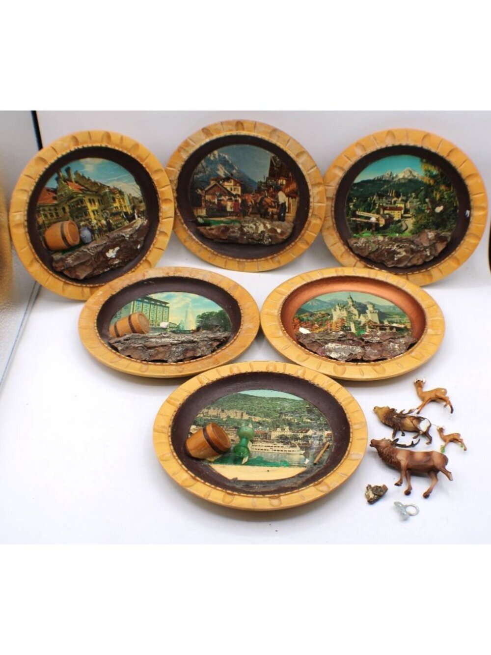 Vtg German Handarbeit 3D Wooden Wall Plates Art Set 6 Alpine Folk Art  Diorama